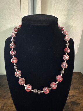Vintage 17 Inch Marbled Bead Stone Necklace Rhodonite Vibrant Pink and Red